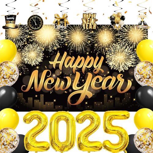 Silvester Party Dekoration Set 2025, 2025 Anzahl Happy New Year Latex Ballons Set, Luftballons Silvester Deko 2025, Happy New Year Folienballon Accessoire, 2025 Neujahr deko Set, für Silvesterparty von Yesmoyhe