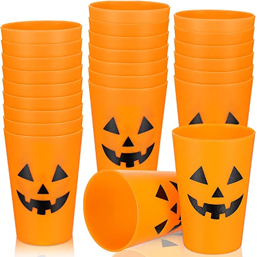 Yetene 24 Pieces Halloween Plastic Party Cups Pumpkin Design Cup Jack O Lantern for Adults Kids 8 oz Orange Reusable Supplies Tableware von Yetene