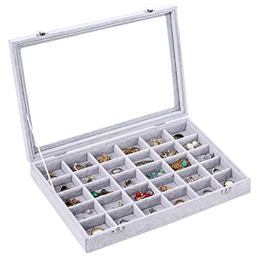 Yewclls Jewelry Organizer Schmuckkasten Grau, Samt Box Glas Deckel & 30 Fächer – Schmuckaufbewahrung Stapelbar Schmuckschatulle Schubladen Verstellbar für Ringe (30 Fächer) von Yewclls