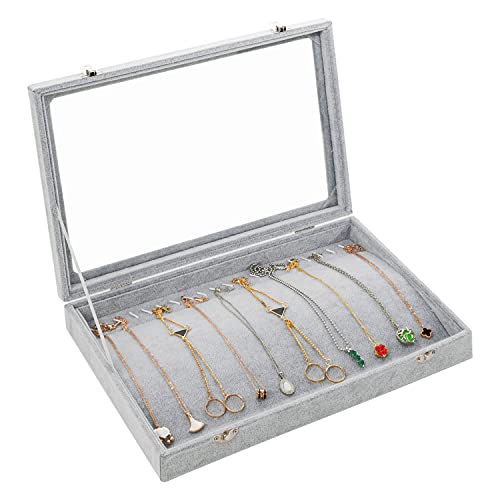 Yewclls Jewelry Organizer Schmuckkasten Grau, Samt Box Glas Deckel & 30 Fächer – Schmuckaufbewahrung Stapelbar Schmuckschatulle Schubladen Verstellbar für Ringe (Halskettenbox) von Yewclls