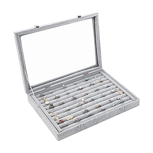 Yewclls Jewelry Organizer Schmuckkasten Grau, Samt Box Glas Deckel & 30 Fächer – Schmuckaufbewahrung Stapelbar Schmuckschatulle Schubladen Verstellbar für Ringe (Ringschachtel) von Yewclls