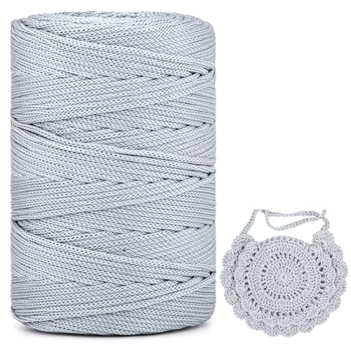 Polyester Garn 3mm X 225m，Makramee Garn 3mm，Makramee Band，Polypropylene Yarn，Geflochten Makramee Schnur Farbig，garn Zum Häkeln Für Stricken，Dekoration DIY Handwerk (Silber, 1 Pcs) von YeyeCyrilze