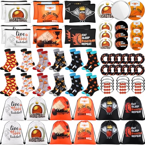 Yeyeplum Das 72-teilige Basketball-Team-Geschenk-Set beinhaltet 12 Basketball-Make-up-Taschen, 12 Basketballsocken, 12 Basketball-Kordelzugbeutel, 12 Basketball-Haargummis, 12 Armbänder, 12 Spiegel von Yeyeplum