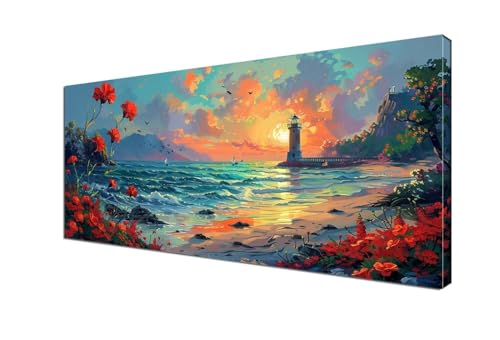 Strand Malen nach Zahlen Leuchtturm Malen Nach Zahlen Erwachsene Groß 100x200 cm Leinwand DIY Handgemalt Ölgemälde Bastelset Erwachsene Mit Pinseln und Acrylfarbe für Room Decor (Ohne Rahmen) Y6-416 von Yhfunfo