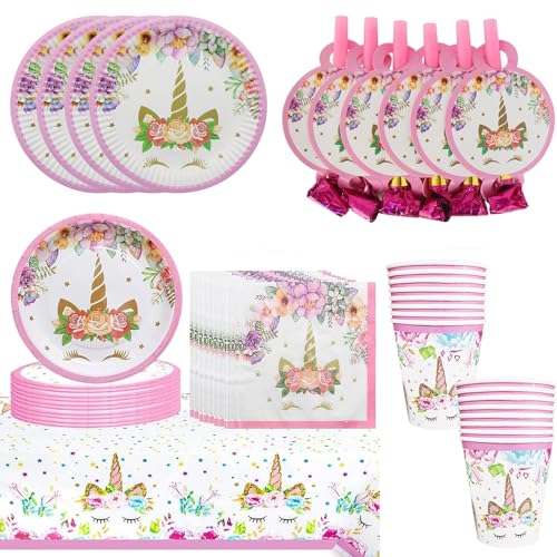 47 Stück Einhorn Partygeschirr Set, 10 Gäste E-inhorn Kindergeburtstag Geschirr,Geburtstag Partygeschirr Einhorn Teller Set Einhorn Geburtstagsdeko Party Supplies für Mädchen Kindergeburtstag von Yhjxly