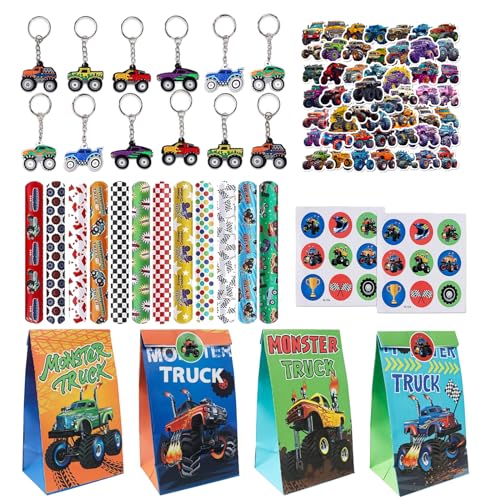 86 Stück Monstertruck kindergeburtstag Party Mitgebsel,Truck Party Geschenke,Racing Car Party Mitgebsel,Inklusive Truck Geschenktüten Armband Schlüsselanhänger Aufkleber für truck Deko Geburtstag von Yhjxly