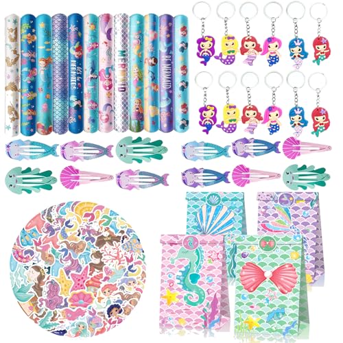 Meerjungfrau Kindergeburtstag Party Mitgebsel, 98pcs Meerjungfrau Geschenktasche Schlüsselanhänger Haarspangen Aufkleber, Meerjungfrau Party Zubehör, Für Mädchen Meerjungfrau Thema Party Supplies von Yhjxly