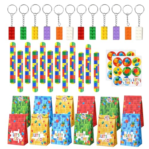 Yhjxly 36 Pcs Bausteine Geburtstag Mitgebsel, Baustein Party Dekoration,12 Kinder Slap Armbänder,12 Schlüsselanhänger ,12 Geschenktüte für DIY Blöcken Themen Party Geschenk für Kindergeburtstag von Yhjxly