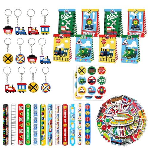 Yhjxly 86PCS Zug Party Mitgebsel, Zug Party Zubehör, Inklusive Zug Geschenktüten Schlüsselanhänger,Geschenktüten Slap Armbänder Schlüsselanhänger Aufkleber für Kindergeburtstag Tüten Verpacken von Yhjxly