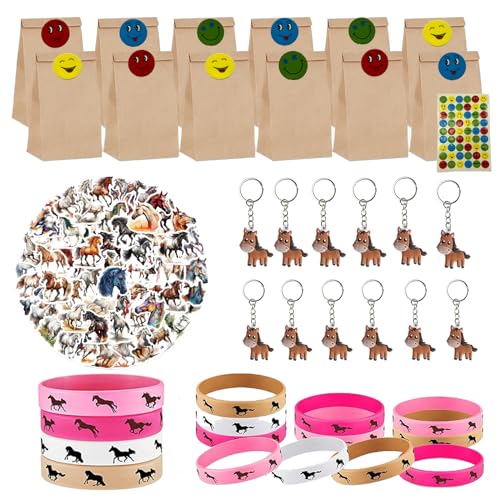 Yhjxly 96pcs Pferde Party Mitgebsel Kindergeburtstag,West Cowboy Gastgeschenke Tüten Silikon Armbänder Schlüsselanhänger Aufkleber, Pferde Geburtstag für Mädchen Jungen von Yhjxly