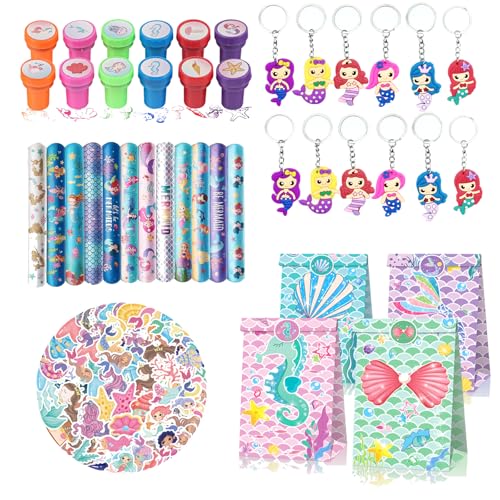 Yhjxly Meerjungfrauen Party Mitgebsel Set,98Pcs Meerjungfrau Party Kindergeburtstag Gastgeschenke, Geschenktasche Armband Schlüsselanhänger Aufkleber Set, für Mädchen Geburtstag Party Supplies von Yhjxly