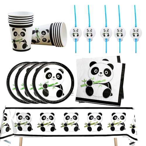 Panda Party Set, 10 Gäste Panda Geschirr Set, Panda Geburtstag Deko Party Set, Kindergeburtstag Partyzubehör, Kindergeburtstag Teller Becher Servietten Tischdecken Party Supplies von Yhjxly