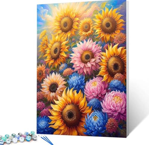 Malen Nach Zahlen Erwachsene Anlage, Paint by Numbers Knitterfreie Leinwand Bilder Sonnenblume Malen Nach Zahlen Kinder, DIY Handgemalt Ölgemälde Bastelset Erwachsene Wanddeko, Geschenke 40x50cm H5-1 von Yhoonn