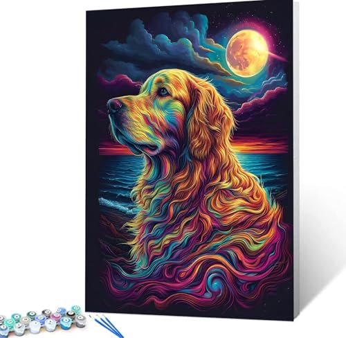 Malen Nach Zahlen Erwachsene Hund, Paint by Numbers Knitterfreie Leinwand Bilder Mond Malen Nach Zahlen Kinder, DIY Handgemalt Ölgemälde Bastelset Erwachsene, Home Wanddeko, Geschenke 30x40cm H5-94 von Yhoonn