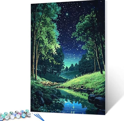 Malen Nach Zahlen Erwachsene Wald, Paint by Numbers Knitterfreie Leinwand Bilder Nacht Malen Nach Zahlen Kinder, DIY Handgemalt Ölgemälde Kreativ Bastelset Erwachsene Wanddeko,Geschenke 40x50cm H5-202 von Yhoonn