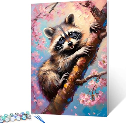 Malen Nach Zahlen Waschbär Malen Nach Zahlen Erwachsene Kirschblüten Bastelset Erwachsene Frauen, DIY GemäLde Set Erwachsene mit Pinsel und Acrylfarbe Zimmer Deko Aesthetic, Geschenke 30x40cm H5-41 von Yhoonn