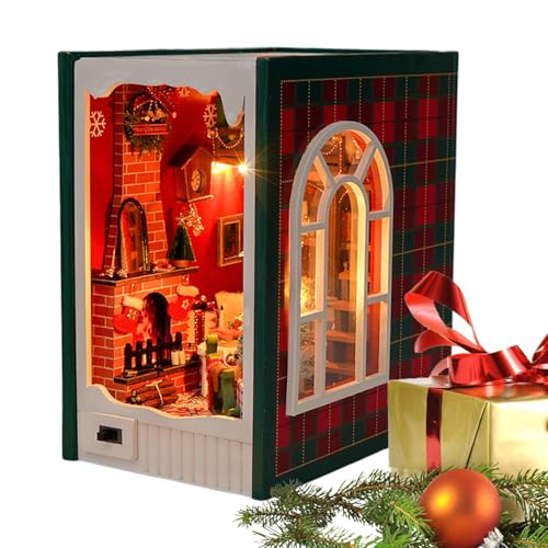 Yhsioaklo Bücherregal, Buchecken-Set für Erwachsene | Dekorative Buchstützen Set Miniatur Weihnachten – Modell Weihnachtshaus aus Holz 3D, Regaldekoration, Set von Yhsioaklo