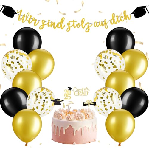 Wir Sind Stolz Auf Dich Banner, Abschluss Luftballons mit Banner, 15 Stück Graduation Luftballons Schwarz Gold, 12 Tortendeko zum Abschlussfeier, Abitur Prüfung Bestanden, Bachelor Graduierung Party Wir Sind Stolz Auf Dich Banner, Abschluss Luftballons mit Banner, 15 Stück Graduation Luftballons Schwarz Gold, 12 Tortendeko zum Abschlussfeier, Abitur Prüfung Bestanden, Bachelor Graduierung Party von Yi'antai