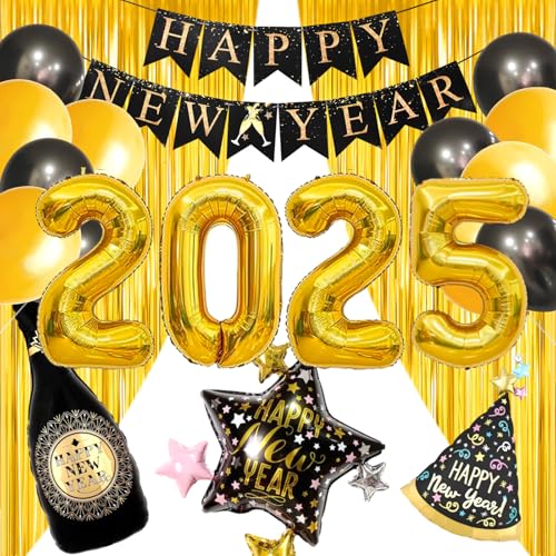 Silvester Deko Set XXL 2025, Neujahr Silvesterdeko, Schwarz Gold Neujahr Party Silvesterdeko, Happy New Year Girlande, Folienballon Silvester, Happy Neujahr 2025 Deko (Schwarzes Gold A) von Yi'antai