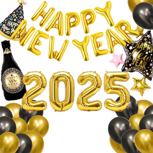 Silvester Deko Set XXL 2025, Neujahr Silvesterdeko, Schwarz Gold Neujahr Party Silvesterdeko, Happy New Year Girlande, Folienballon Silvester, Happy Neujahr 2025 Deko (Schwarzes Gold B) von Yi'antai