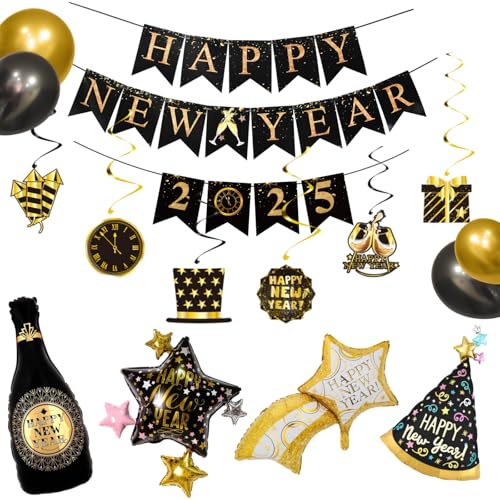 Silvester Deko Set XXL 2025, Neujahr Silvesterdeko, Schwarz Gold Neujahr Party Silvesterdeko, Happy New Year Girlande, Folienballon Silvester, Happy Neujahr 2025 Deko (Schwarzes Gold C) von Yi'antai