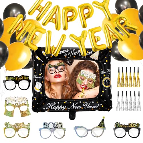 Silvester Deko Set XXL 2025, Neujahr Silvesterdeko, Schwarz Gold Neujahr Party Silvesterdeko, Happy New Year Girlande, Folienballon Silvester, Happy Neujahr 2025 Deko (Schwarzes Gold D) von Yi'antai