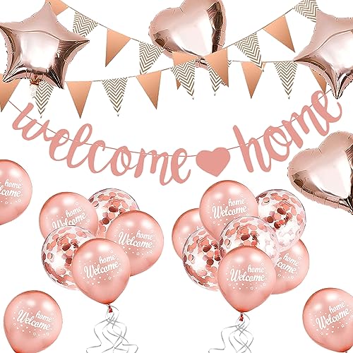 Welcome Home Ballon, Willkommen Zuhause Banner Willkommen Deko, Welcome Home Deko Willkommen Home Girlande mit 5M Wimpel Banner, Herzform Stern Pailletten Luftballons für Zuhause, Party von Yi'antai