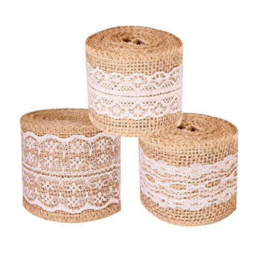 Juteband mit weißen Spitze Natürliche Juteband Sackleinen Band Rolle Vintage Spitzenband Hessische Band Basteln Sackleinen für DIY Handwerk Hochzeit Party Haus Weihnachten Deko 3 Rolle YiCTe von YiCTe