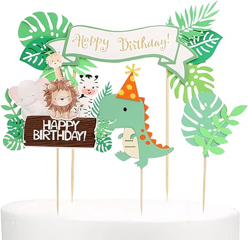 Dinosaurier Geburtstag Kuchen Dekorationen Set, Grünes Blatt Banner und Topper, Partyzubehör für Jungen und Mädchen von YiJPXinADZ