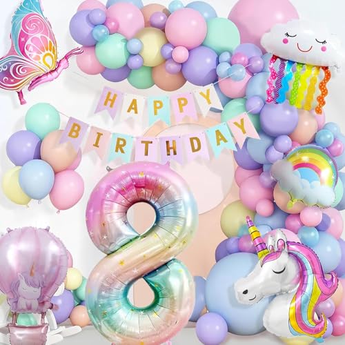 8 Jahre Einhorn Deko Kindergeburtstag,Einhorn Geburtstagsdeko Mädchen,Schmetterling Geburtstag Deko,Einhorn Luftballons Geburtstag Happy Birthday Banner für 8 Jahre Mädchen Geburtstag Party von YiJiuBa