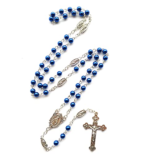 YiNLuax Glasperlen Blauer Rosenkranz Katholische Halskette Gebet Wundersame Medaille Für Kreuz Heiliger Religiöser Schmuck Geschenke Für Frauen Und Männer von YiNLuax