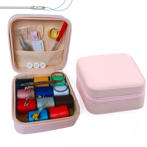 YiYFiT Rosa PU Leder Reise Näh-Kit, Mini Selbst-Faden Nadeln Näh-Kit, 65pcs Einfache Faden Stickerei Nadeln Kit, DIY Premium Nähzubehör für Erwachsene Anfänger Reisende Kinder von YiYFiT