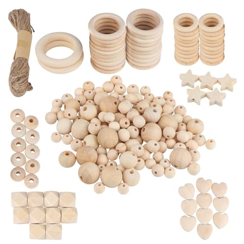 YiYa 202 Stück Holzperlen Makramee Set,Natürliche Holzperlen Holzringe Holzperlen Sterne Holzperlen Herz Achteckige Holzperlen für Diy Schmuck Zubehör Decor von YiYa