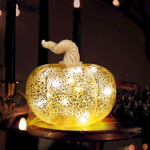 YiYa Herbstdeko Kürbis Deko Groß Gold Glas Kürbis Dekor Halloween Deko Kürbis Kürbis Deko Figuren für Tischdeko, Party, Herbst Dekoration Halloween(Kreisförmig) von YiYa