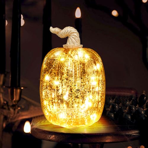 YiYa Herbstdeko Kürbis Deko Groß Gold Glas Kürbis Dekor Halloween Deko Kürbis Kürbis Deko Figuren für Tischdeko, Party, Herbst Dekoration Halloween (19CM*14CM) von YiYa