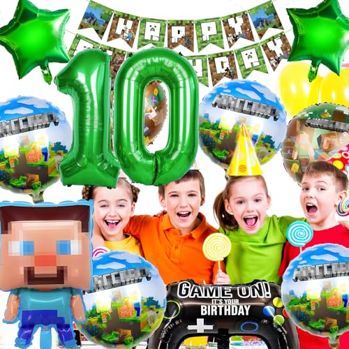 YianHien Mine-Craft Geburtstag Deko 10 Jahre Junge 12 Stück, Kindergeburtstag Geburtstag Party Folienballon Set Dekoration mit Riese Nummer Ballon, Miner Gamer Geburtstagsdeko für Jungen & Mädchen von YianHien