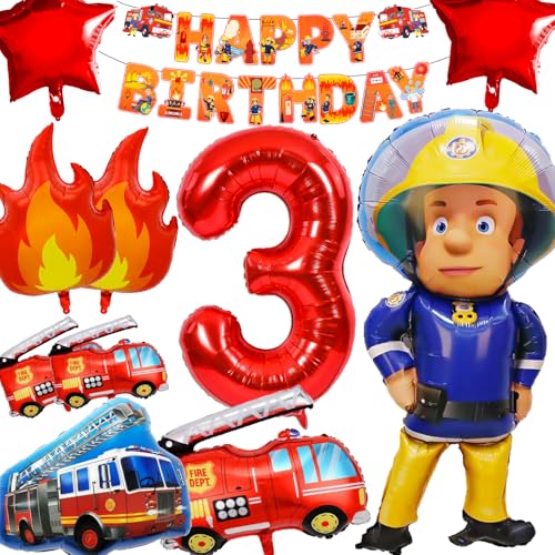 YianHien Feuerwehr Geburtstag Deko 3 Jahre Jungen, XXL Feuerwehrmann Sam Kindergeburtstag Deko, Feuerwehr Themed Dekoration für 3 Jahre Geburtstag, Feuerwehrauto Folienballon Set Geburtstag Party Deko von YianHien