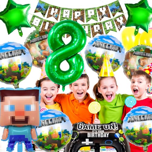 YianHien Minecraft Geburtstag Deko 8 Jahre Junge 12 Pcs, Pixel Geburtstag Luftballons Party Deko für Miner Gamer 8 Jahre Jungen & Mädchen, Kindergeburtstag Folienballon Deko mit Riesigen Zahlenballons von YianHien