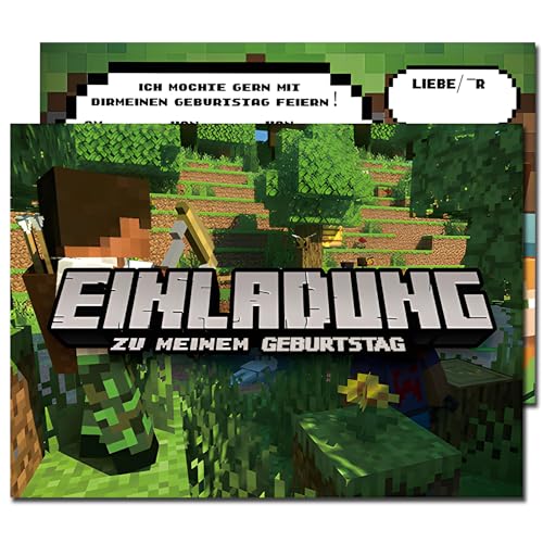 YianHien Minecraft Einladungskarten Kindergeburtstag Junge, 12 Stück Mine-Craft Thema Party Einladungskarten Geburtstag, Partyeinladungen Einladungen Miner Gamer Kinder Geburtstagseinladungen Set von YianHien