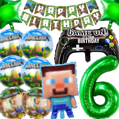 YianHien Minecraft Kinder Geburtstag Deko für 6 Jahre Jungen & Mädchen, Pixel Luftballons Minecraft Geburtstagsdeko mit Happy Birthday Banner, Folienballon Party Deko Theme Party Deko 12 Stück von YianHien