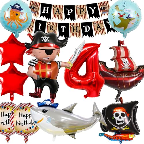 YianHien Piraten Deko kindergeburtstag 4 Jahre Jungen, Piraten Kinder Geburtstag Party Deko, XXL Piraten Haifisch Piratenschiff Folienballons, Piratenparty Luftballons Set mit Happy Birthday Banner von YianHien