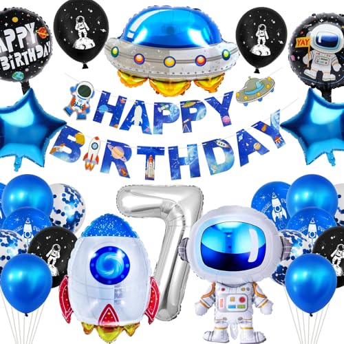 YianHien Weltraum Geburtstagsdeko 7 Jahre Jungen, 25 Stück Astronaut Rakete Raumschiff Folienballon Set, Weltraum Geburtstag Deko Kinder Party Theme Luftballons, XXL Astronaut Kindergeburtstag Deko von YianHien