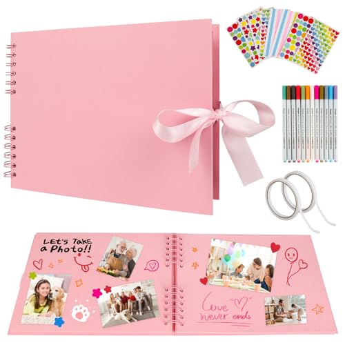 Scrapbook Fotoalbum, Foto Handgemachtes DIY Album Erinnerungsbuch 80 Seiten A4 Bastelpapier mit 12 Metallic Marker Stifte Scrapbook Kit für Familie Hochzeit Memory Recording Baby Geschenk Rosa von Yibaodan