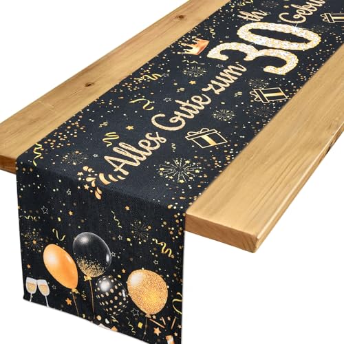 Tischläufer 30 Geburtstag Deko 30 Geburtstag Frauen Männer Schwarzes Gold Tischdeko Geburtstag zum Ihn Ihr Jahrestag Feier Party Dinner Tisch Leinen Tischdecke Deko für Zuhause, 183x33 cm von Yibat