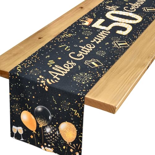 Tischläufer 50 Geburtstag Deko 50 Geburtstag Mann Frau Schwarzes Gold Tischdeko Geburtstag zum Ihn Ihr Jahrestag Feier Party Dinner Tisch Leinen Tischdecke Deko für Zuhause, 183x33 cm von Yibat