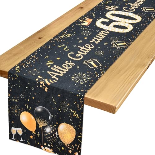 Tischläufer 60. Geburtstag Deko 60 Geburtstag Mann Frau Schwarzes Gold Tischdeko Geburtstag zum Ihn Ihr Jahrestag Feier Party Dinner Tisch Leinen Tischdecke Deko für Zuhause, 183x33 cm von Yibat