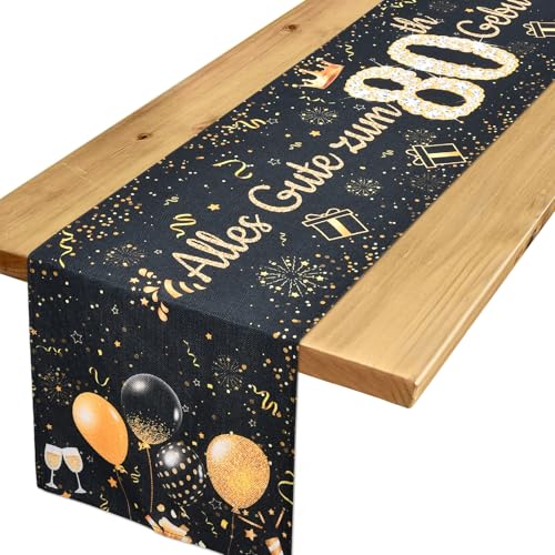 Tischläufer 80 Geburtstag Deko 80. Geburtstag Mann Frau Schwarzes Gold Tischdeko Geburtstag zum Ihn Ihr Jahrestag Feier Party Dinner Tisch Leinen Tischdecke Deko für Zuhause, 183x33 cm von Yibat