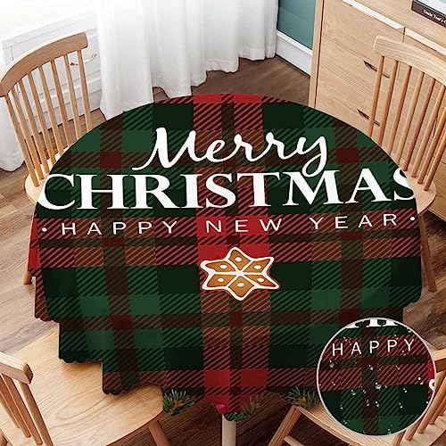 Yibeas Weiße Tischdecke mit Aufschrift "Merry Christmas and Happy New Year", rund, 152,4 cm Durchmesser, Schottenkaro, kariert, Rot und Grün, Tischdecken für Esszimmer, Küche, Hochzeit und Partys von Yibeas