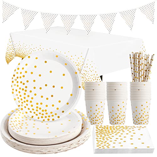 Yidaxing Weiß und Gold Partygeschirr, Abbaubar Golden Dot Partyteller Set Enthält Servietten Pappbecher Banner Tischdecke für Brautdusche Verlobung Hochzeit Geburtstag Weihnachten, 24 Gäste von Yidaxing