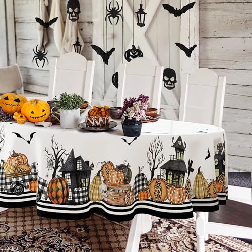 Ovale Halloween-Tischdecke, 137 x 183 cm, Motiv: Horror-Kürbis-Schloss, Totenkopf, ovale Tischdecke, Polyester, wasserdicht, knitterarm und langlebig, geeignet für Halloween, Party, Küche und von Yighty